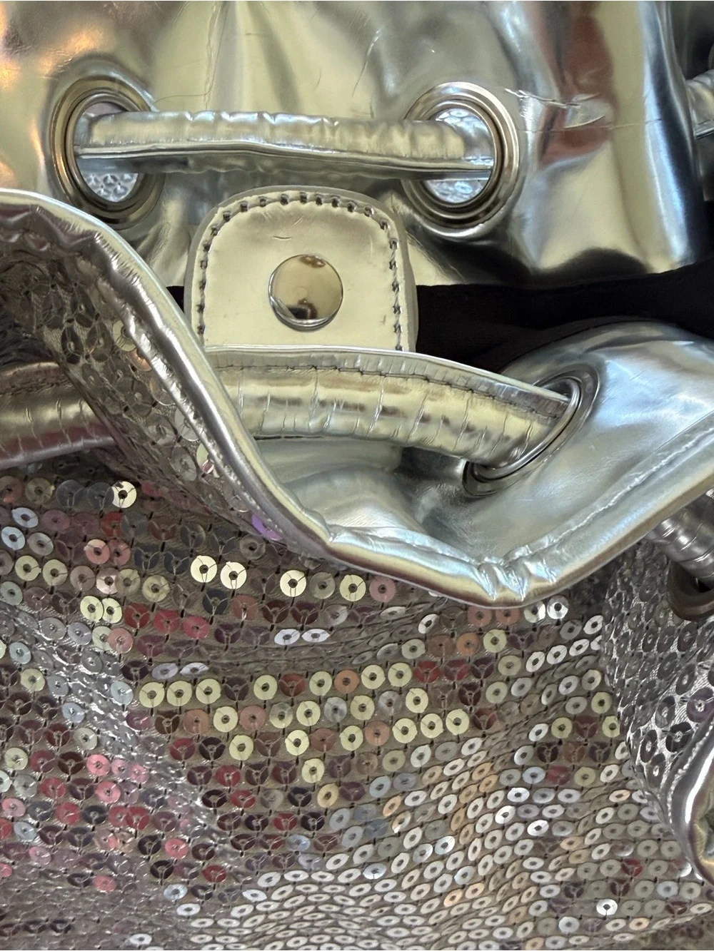 Double Platinum Silver Sequin Metallic Y2K Bucket Handbag